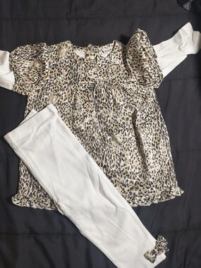 Leopard Print Long Sleeve Top & Cream Leggings Kids Matching Set
